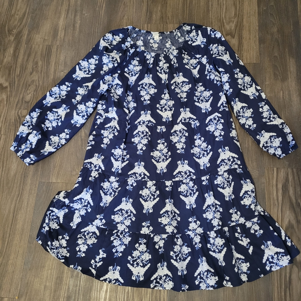 J. Crew Navy and White Floral Dress Size L With Pockets Drop Waist